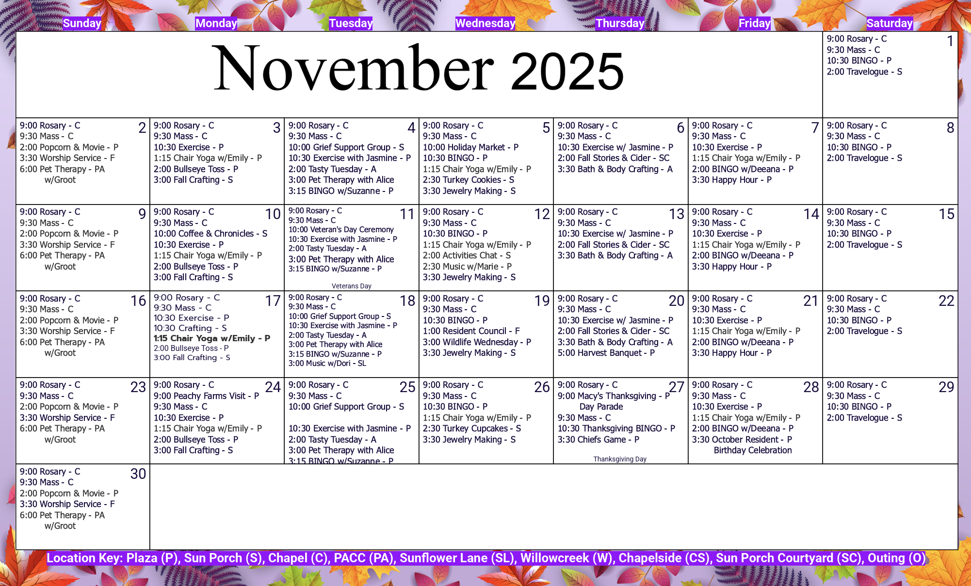 Calendar for Long Term Care Calendar